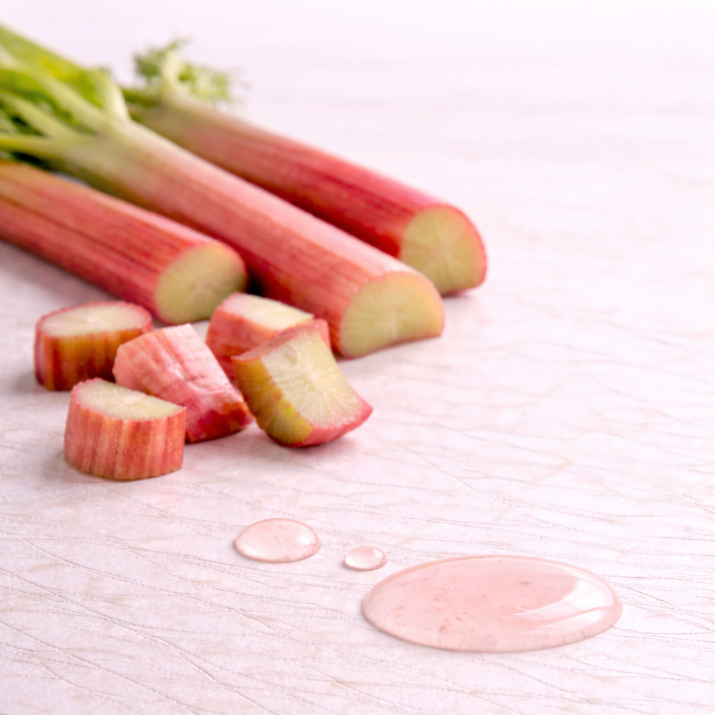 Rhubarb stalks and pieces on a light surface with a few drops of juice.
incicellar 
rhubarb extract 
rhubarb British 
cosmetic ingredients