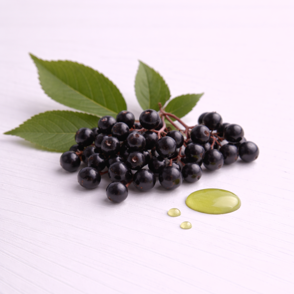Black elderberries with leaves and a green capsule on a white background
incicellar cosmetic ingredient 
elderberry seed oil